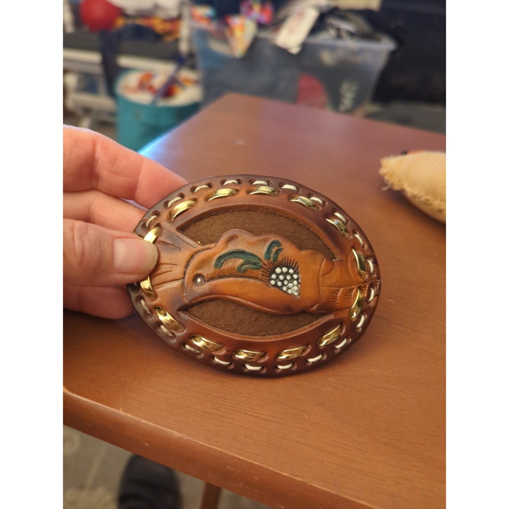 Vintage Hand Tooled Saddle Leather Western Belt Buckle